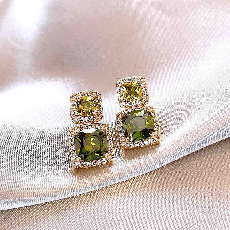 歐美跨境綠色鋯石花朵幾何耳釘氣質百搭耳環輕奢高級感耳飾設計感