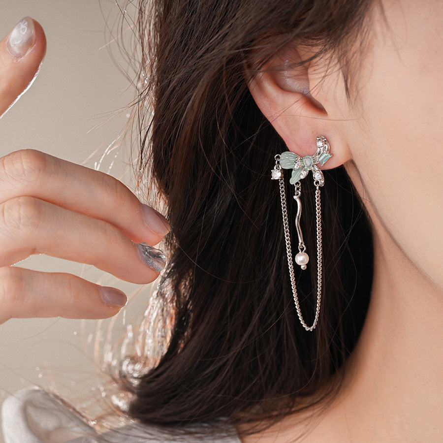 銀針小清新綠色樹脂鋯石蝴蝶流蘇耳釘甜美個性耳環輕奢高級感耳飾