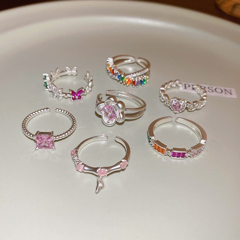 彩色方形鋯石花朵雙環開口戒指日韓小衆甜美食指戒潮流時尚手飾女