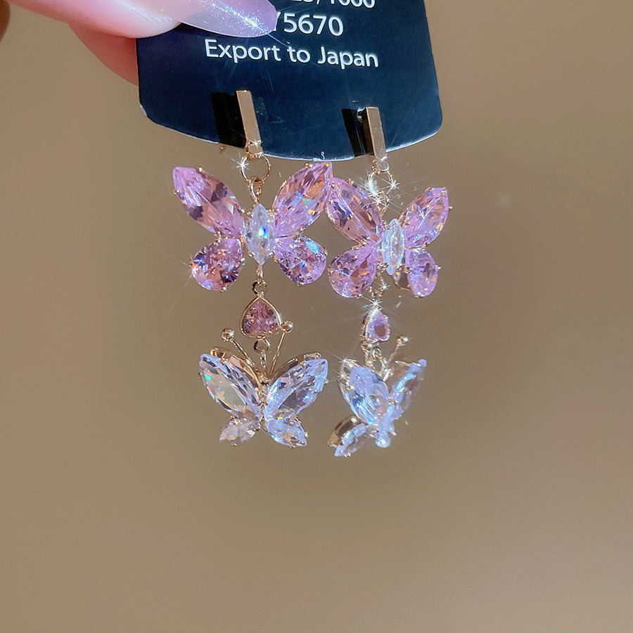 銀針熱銷鑲鑽鋯石水滴蝴蝶流蘇耳環輕奢高級感耳釘耳飾設計感小衆