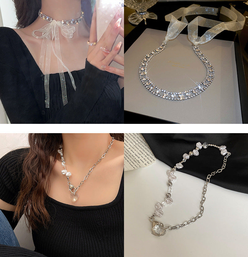韓國時尚冷淡風鑲鑽愛心珍珠項鍊網紅小衆設計感氣質鎖骨鏈項飾女
