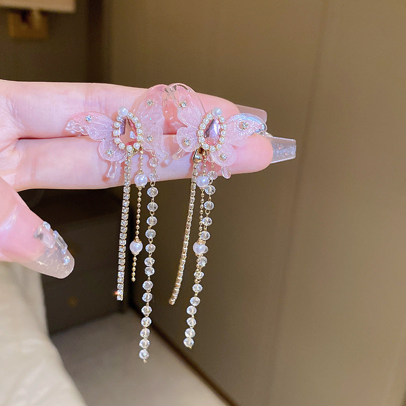 銀針歐美金屬風珍珠蝴蝶花朵流蘇耳釘小衆個性耳環時尚誇張耳飾女