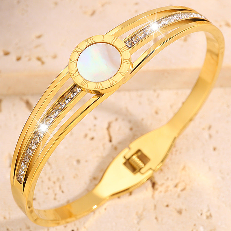 跨境熱賣新品白貝羅馬文不鏽鋼手鐲女歐美小衆輕奢鏤空鑲鑽手飾品