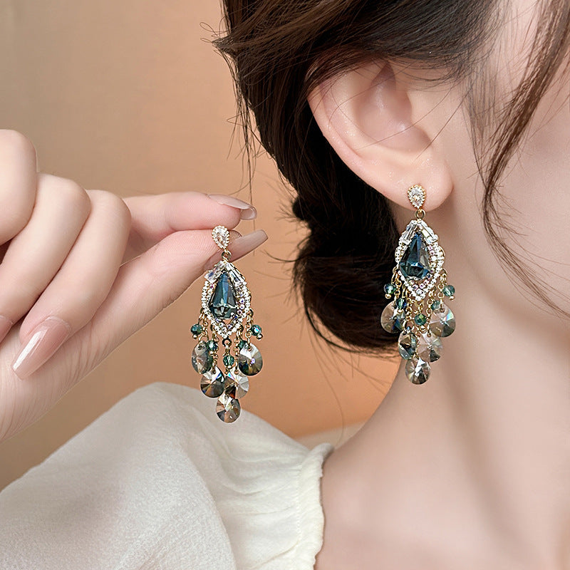 銀針歐美輕奢人造鋯石水晶款愛心耳釘時尚宮廷風耳環高級感耳飾女