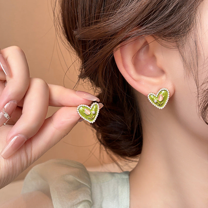 莫奈花園油畫風愛心花朵珍珠耳環時尚氣質耳釘法式甜美小清新耳飾