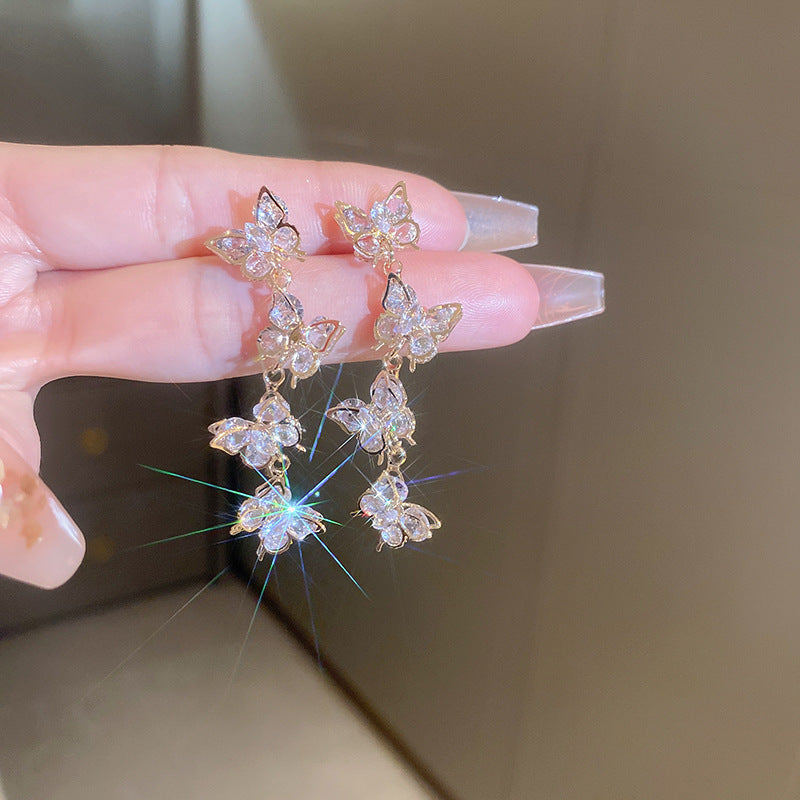 銀針熱銷鑲鑽鋯石水滴蝴蝶流蘇耳環輕奢高級感耳釘耳飾設計感小衆