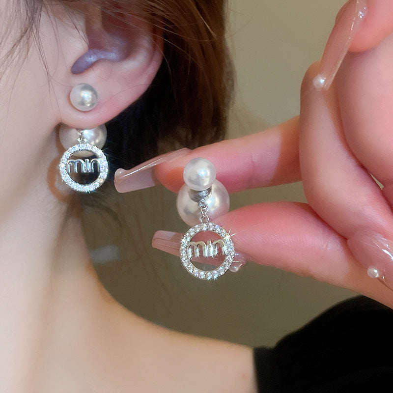 銀針法式黑色鑲鑽字母珍珠包包流蘇耳環小衆氣質耳釘高級感耳飾女