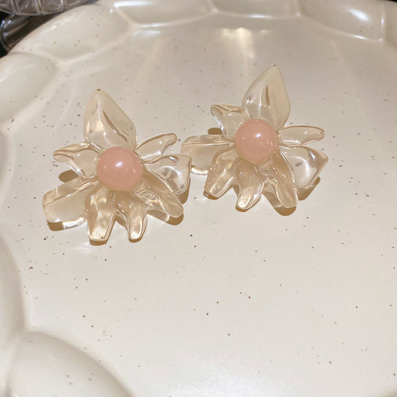 銀針冷淡風透明樹脂水滴花朵珍珠耳環時尚耳釘跨境歐美高級感耳飾