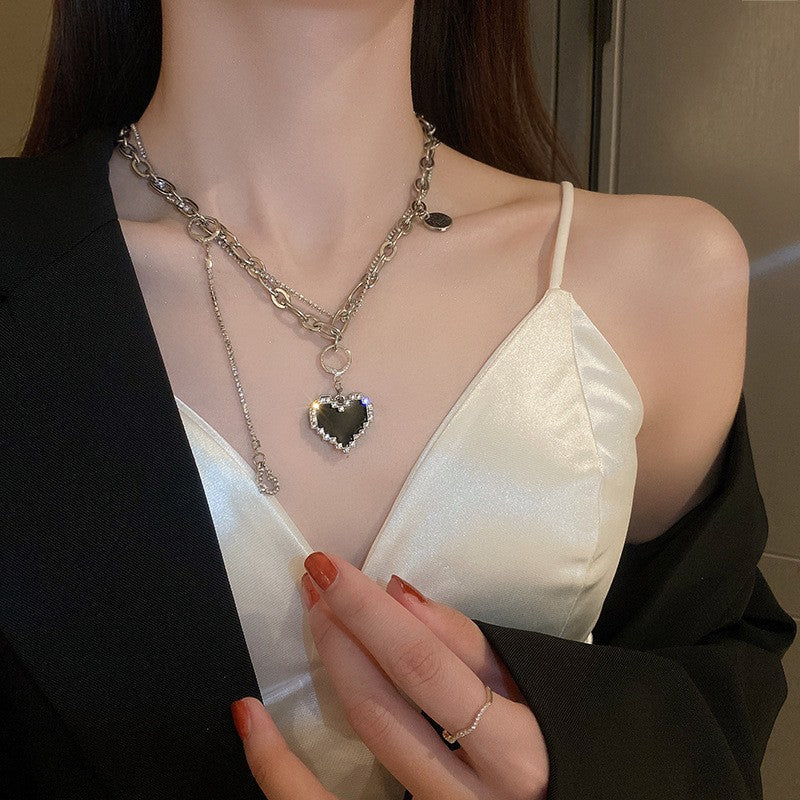 韓國時尚冷淡風鑲鑽愛心珍珠項鍊網紅小衆設計感氣質鎖骨鏈項飾女