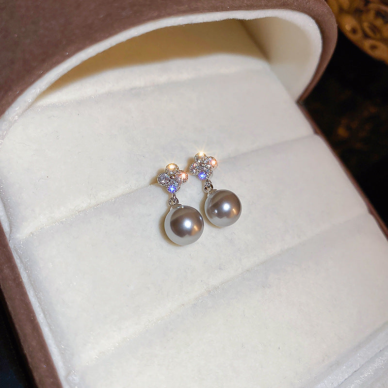 銀針跨境冷淡風銀色鑲鑽鋯石花朵珍珠耳環長款流蘇耳釘高級感耳飾