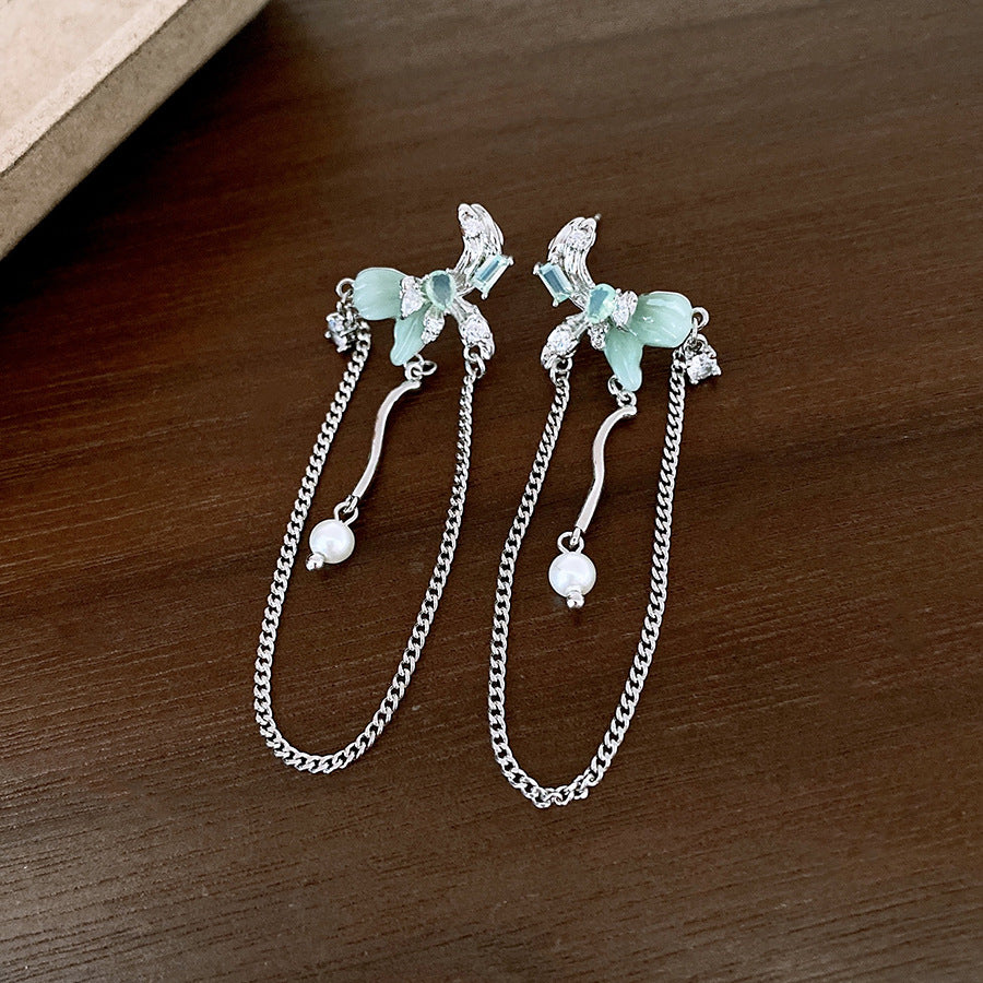 銀針小清新綠色樹脂鋯石蝴蝶流蘇耳釘甜美個性耳環輕奢高級感耳飾