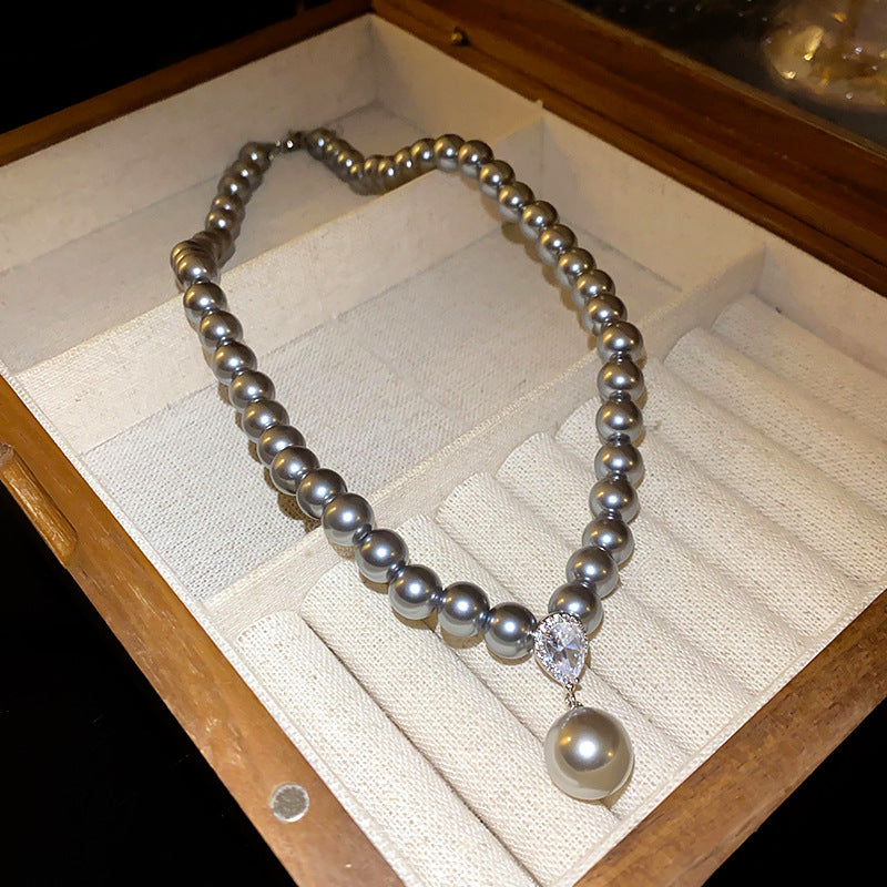 法式復古灰色珍珠項鍊小衆簡約設計感鎖骨鏈氣質輕奢高級感項飾女