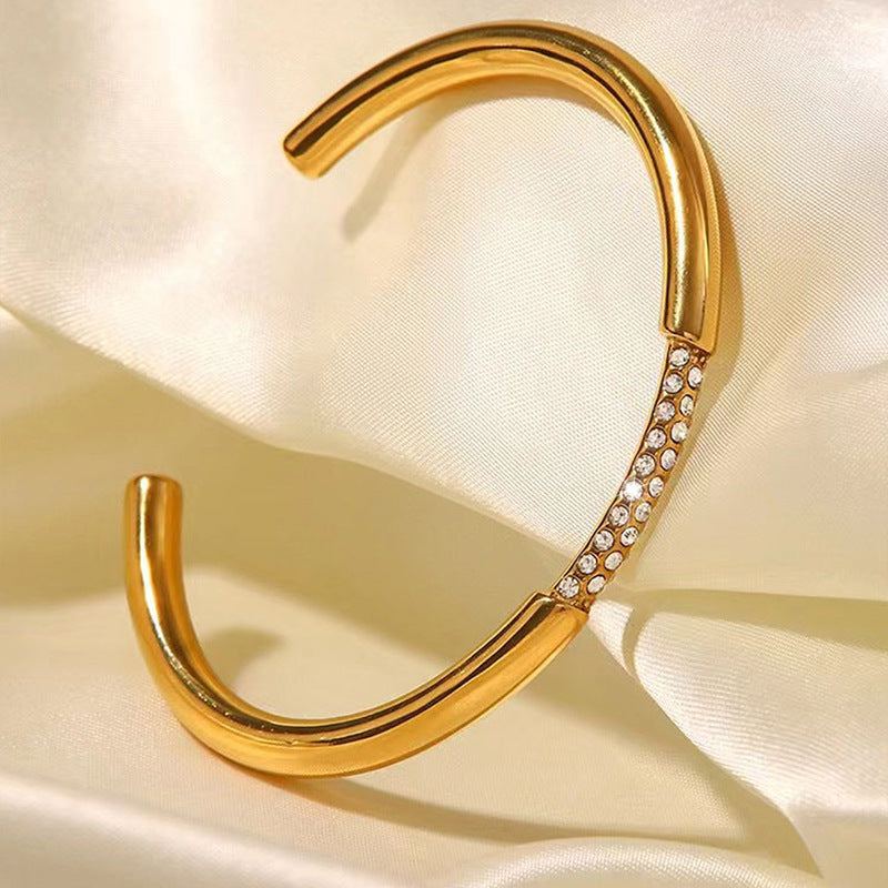 鈦鋼手鐲鑲鑽C形小衆設計歐美風排鑽簡約氣質光面復古不鏽鋼手環