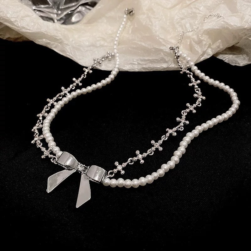 韓國時尚冷淡風鑲鑽愛心珍珠項鍊網紅小衆設計感氣質鎖骨鏈項飾女