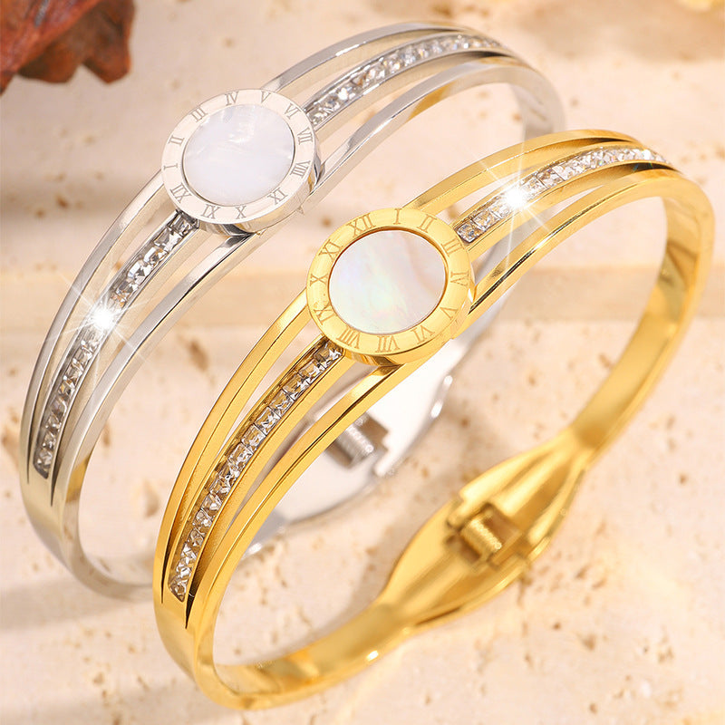 跨境熱賣新品白貝羅馬文不鏽鋼手鐲女歐美小衆輕奢鏤空鑲鑽手飾品