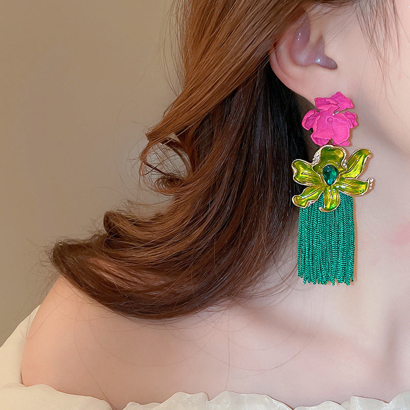銀針中古vintage綠色鑲鑽蝴蝶珍珠耳環氣質耳墜復古高級感耳飾女