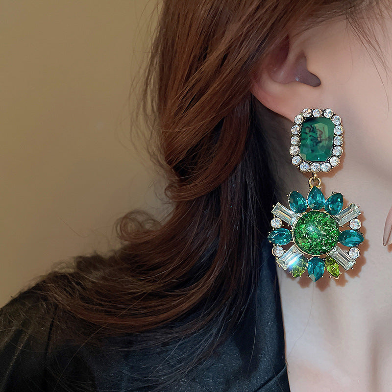 銀針中古vintage綠色鑲鑽蝴蝶珍珠耳環氣質耳墜復古高級感耳飾女