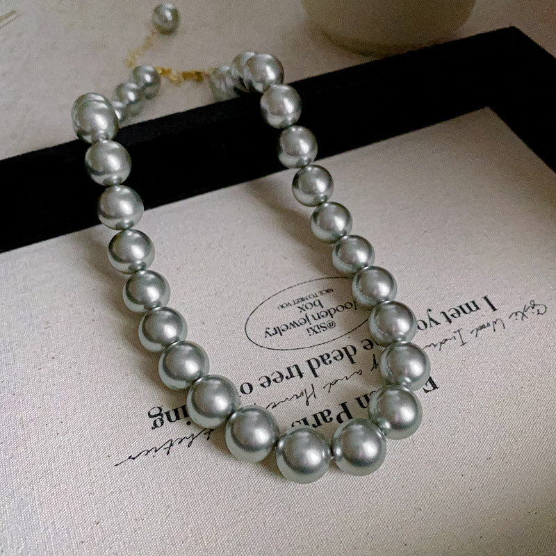 法式復古灰色珍珠項鍊小衆簡約設計感鎖骨鏈氣質輕奢高級感項飾女