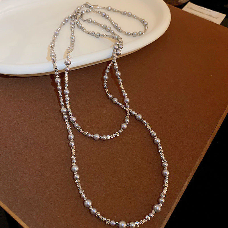 法式復古灰色珍珠項鍊小衆簡約設計感鎖骨鏈氣質輕奢高級感項飾女