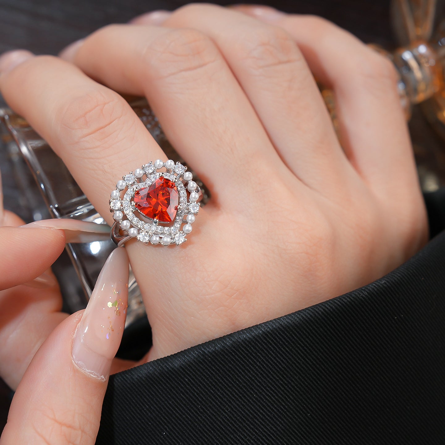 韓國氣質鋯石愛心珍珠戒指輕奢高級感食指戒女精緻手飾設計感小衆