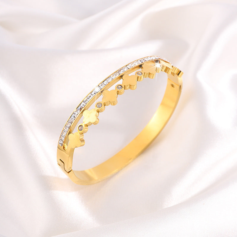 跨境爆款電鍍18K鈦鋼手鐲時尚鑲鑽四葉草輕奢高級不掉色手環