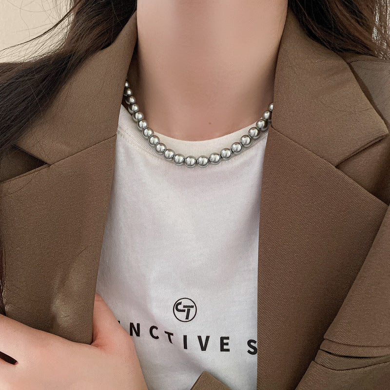 法式復古灰色珍珠項鍊小衆簡約設計感鎖骨鏈氣質輕奢高級感項飾女