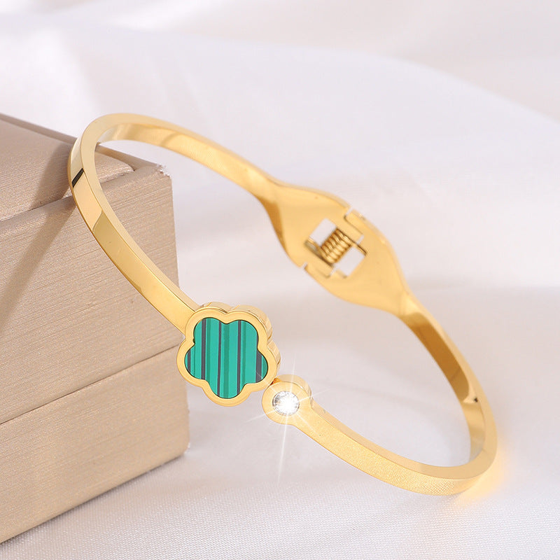 韓版五葉花玫瑰金鈦鋼手鐲時尚爆款手飾鑲鑽女新款個性不鏽鋼手環