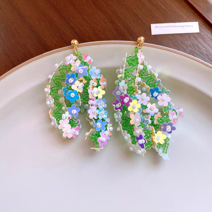 銀針森系米珠編織亮片花朵流蘇耳環超仙度假風耳墜小衆高級感耳飾