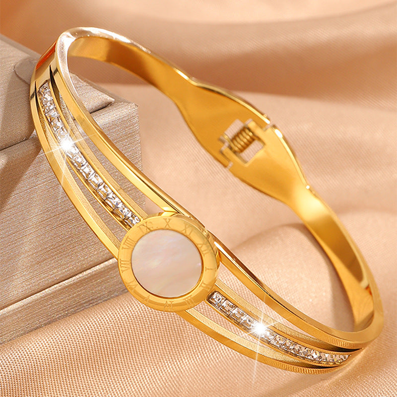 跨境熱賣新品白貝羅馬文不鏽鋼手鐲女歐美小衆輕奢鏤空鑲鑽手飾品