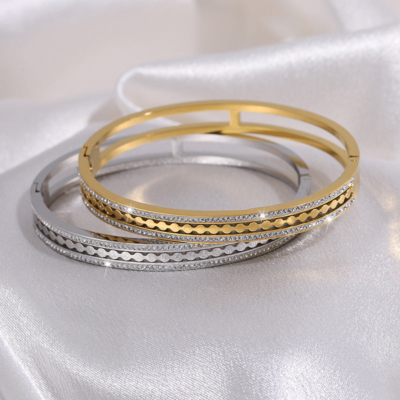 新款歐美時尚滿天星不掉色鈦鋼手鐲女高級感情侶簡約百搭手鐲飾品