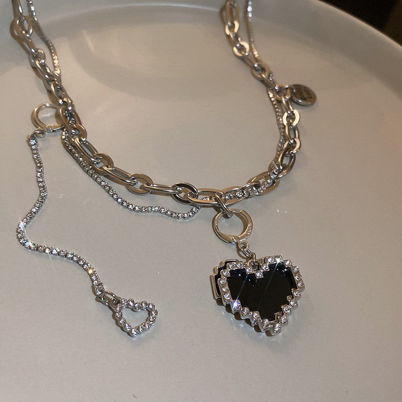 韓國時尚冷淡風鑲鑽愛心珍珠項鍊網紅小衆設計感氣質鎖骨鏈項飾女