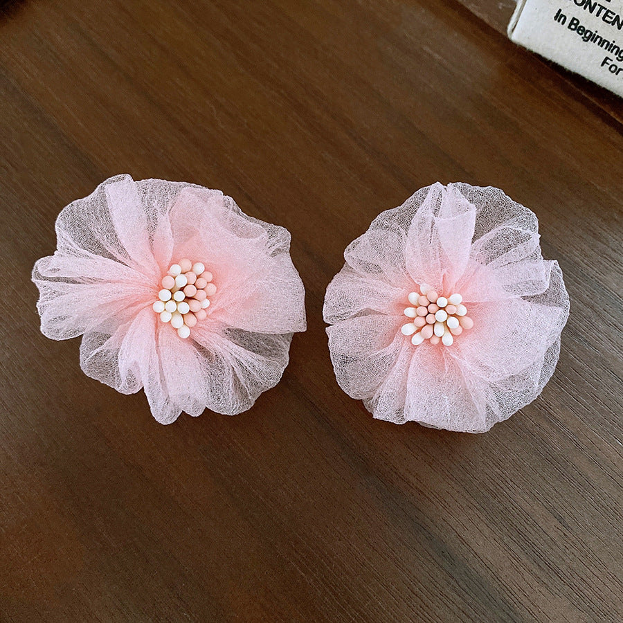 銀針波西米亞粉色網紗花朵耳環時尚甜美百搭學生耳飾小清新度假風耳飾