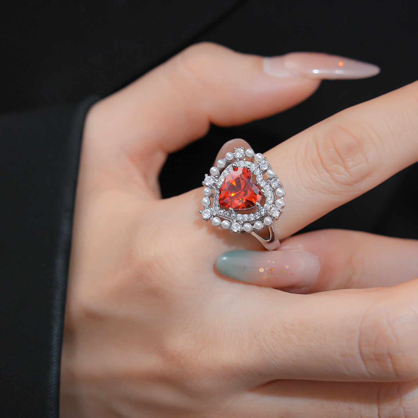 韓國氣質鋯石愛心珍珠戒指輕奢高級感食指戒女精緻手飾設計感小衆