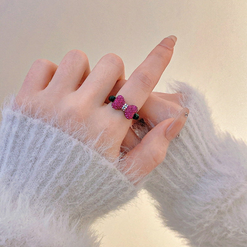 鑲鑽蝴蝶結水晶戒指甜美可愛少女心食指戒小衆時尚高級感手飾