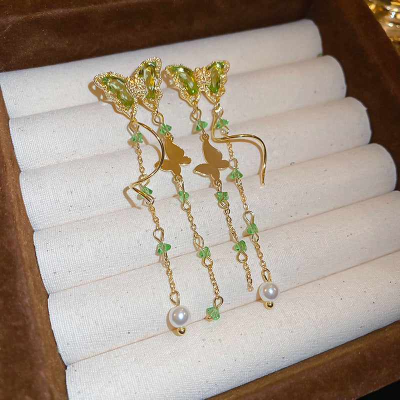 銀針歐美金屬風珍珠蝴蝶花朵流蘇耳釘小衆個性耳環時尚誇張耳飾女