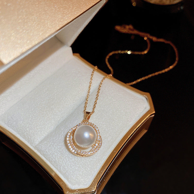 韓國時尚冷淡風鑲鑽愛心珍珠項鍊網紅小衆設計感氣質鎖骨鏈項飾女