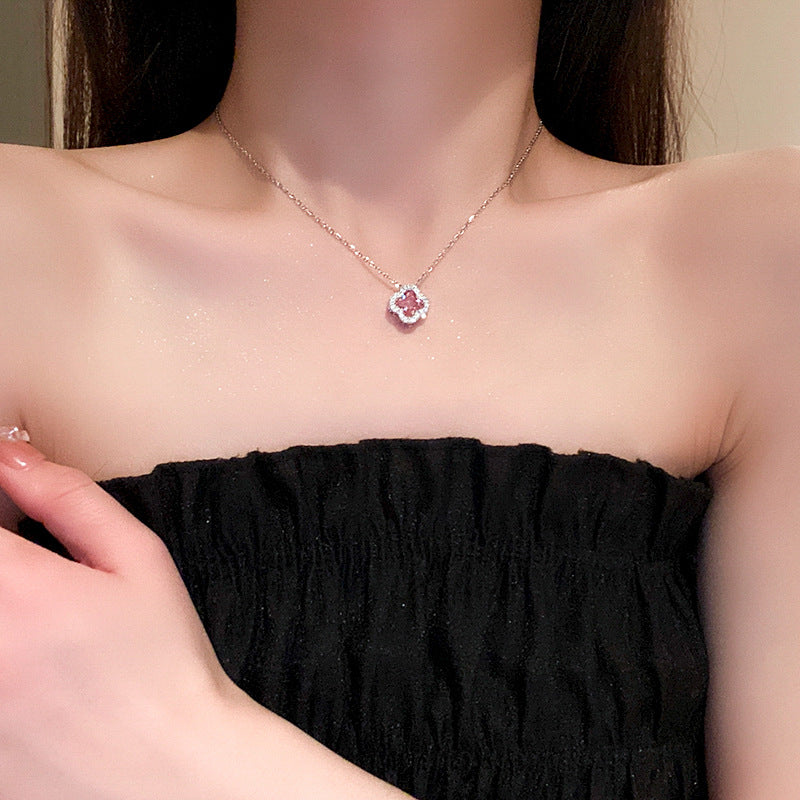 網紅粉色甜美氣質鋯石花朵項鍊韓國小衆百搭鎖骨鏈時尚輕奢項飾女