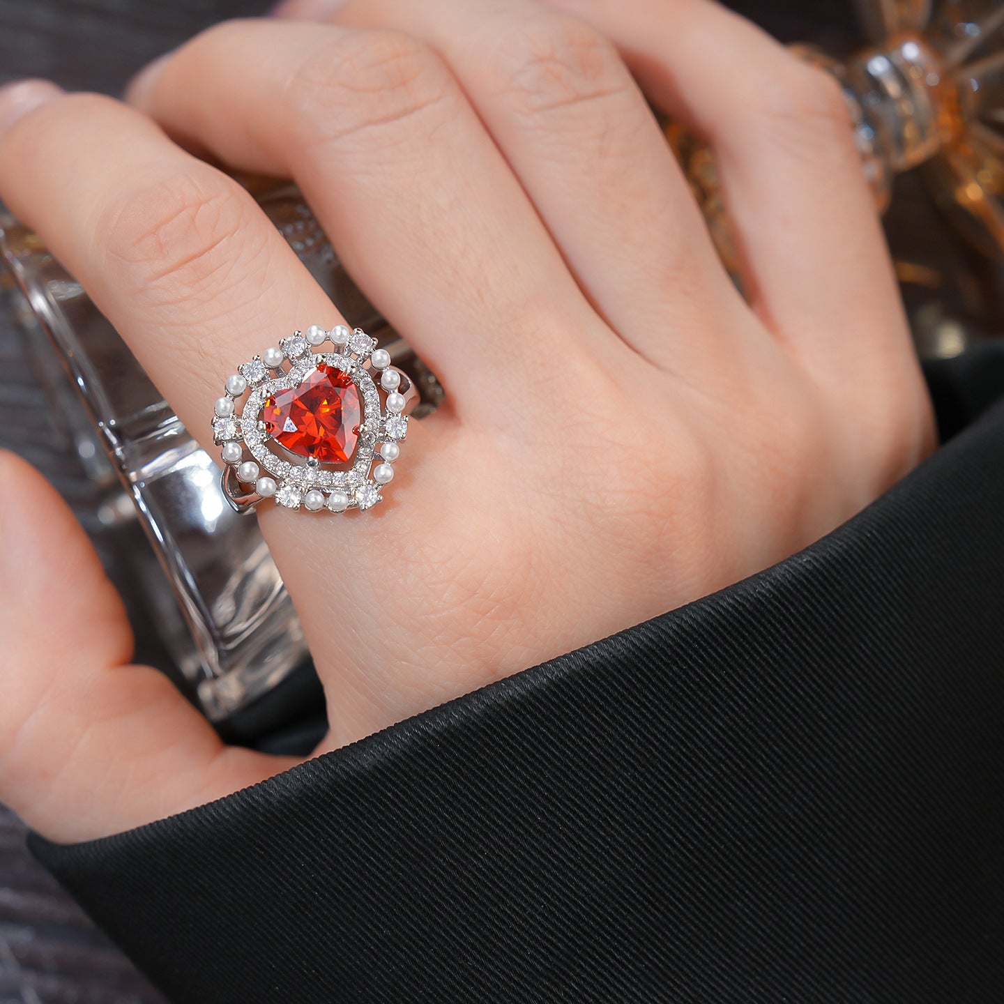 韓國氣質鋯石愛心珍珠戒指輕奢高級感食指戒女精緻手飾設計感小衆