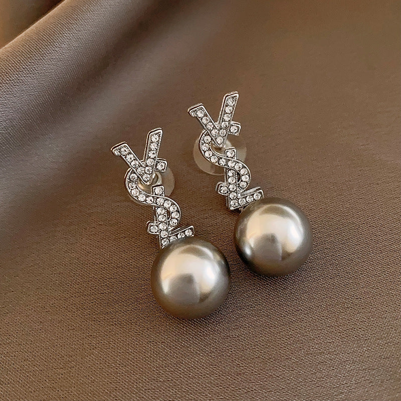 銀針法式黑色鑲鑽字母珍珠包包流蘇耳環小衆氣質耳釘高級感耳飾女