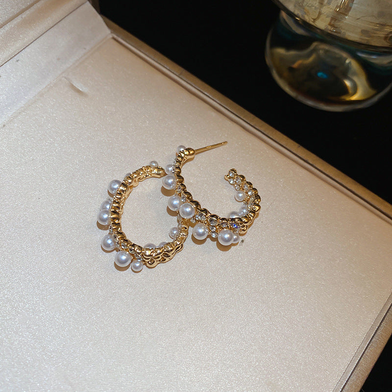 銀針法式復古字母豬鼻子土星珍珠耳環一款兩戴耳釘輕奢高級感耳飾