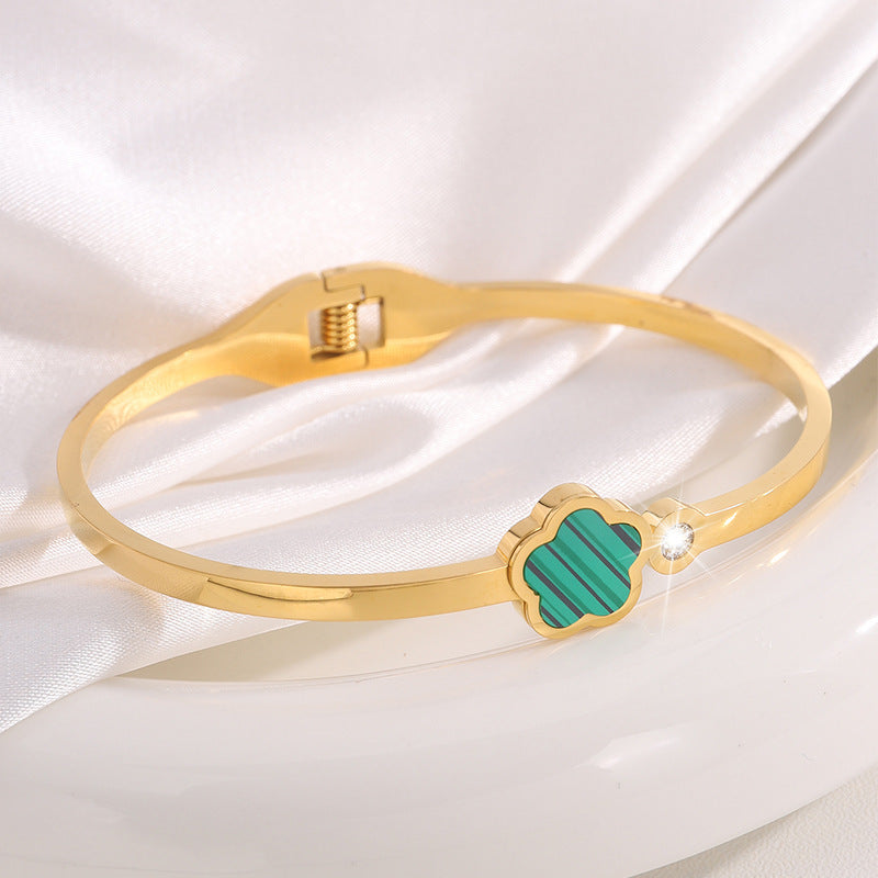 韓版五葉花玫瑰金鈦鋼手鐲時尚爆款手飾鑲鑽女新款個性不鏽鋼手環