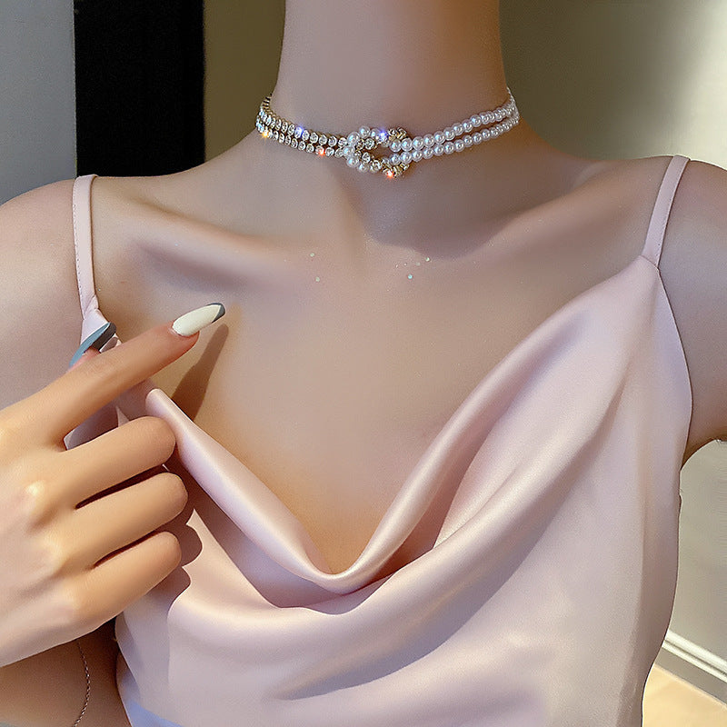 韓國東大門珍珠閃鑽幾何項鍊新款頸鍊簡約百搭冷淡風鎖骨鏈頸飾女