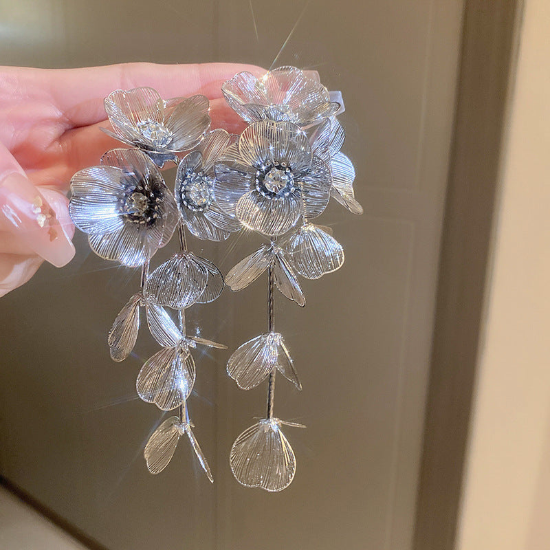 銀針歐美金屬風珍珠蝴蝶花朵流蘇耳釘小衆個性耳環時尚誇張耳飾女