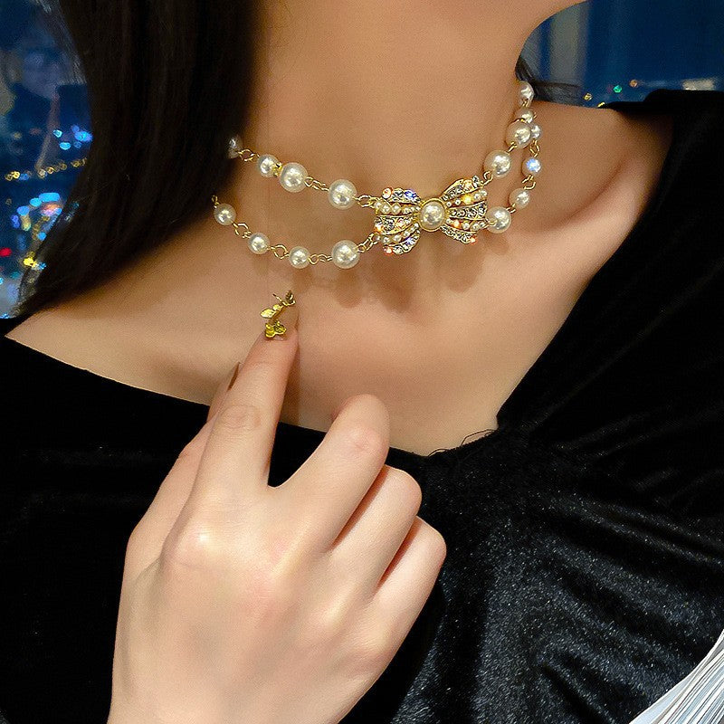 韓國東大門珍珠閃鑽幾何項鍊新款頸鍊簡約百搭冷淡風鎖骨鏈頸飾女