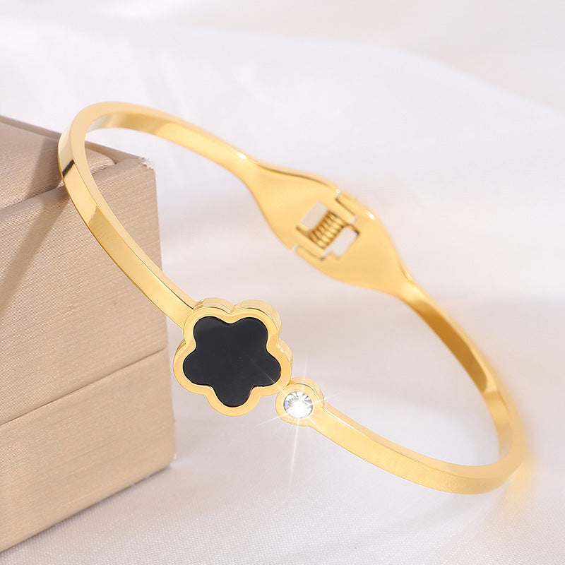 韓版五葉花玫瑰金鈦鋼手鐲時尚爆款手飾鑲鑽女新款個性不鏽鋼手環