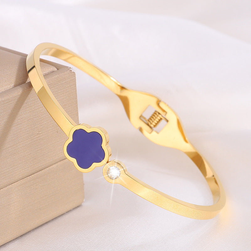 韓版五葉花玫瑰金鈦鋼手鐲時尚爆款手飾鑲鑽女新款個性不鏽鋼手環