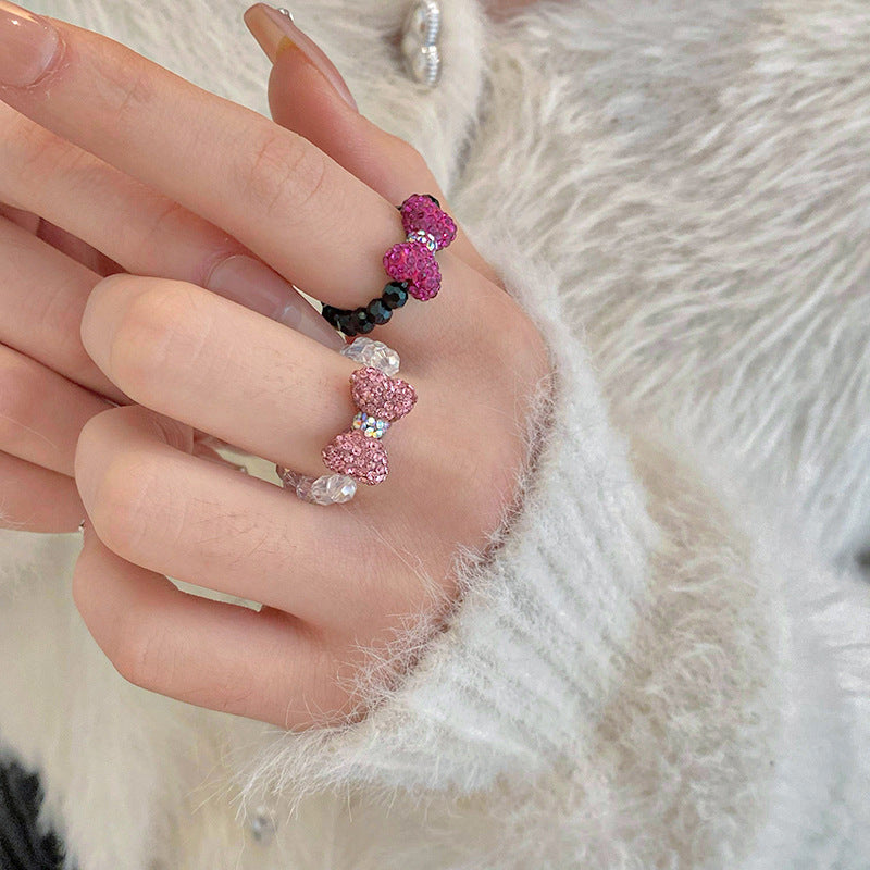 鑲鑽蝴蝶結水晶戒指甜美可愛少女心食指戒小衆時尚高級感手飾