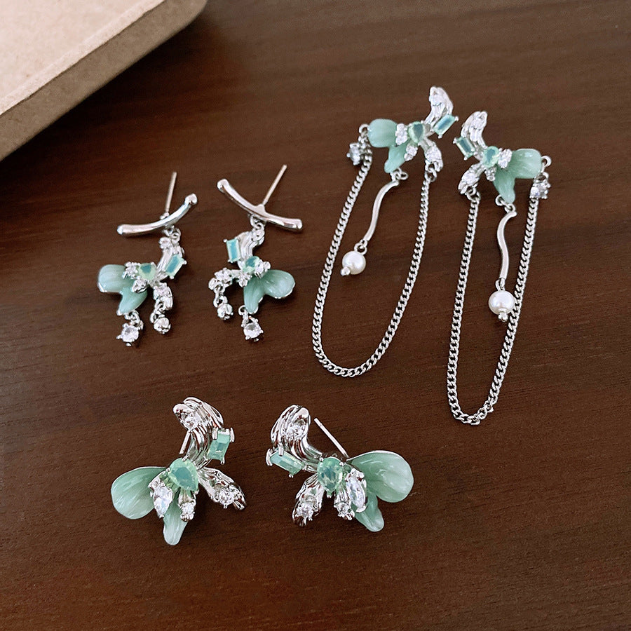 銀針小清新綠色樹脂鋯石蝴蝶流蘇耳釘甜美個性耳環輕奢高級感耳飾