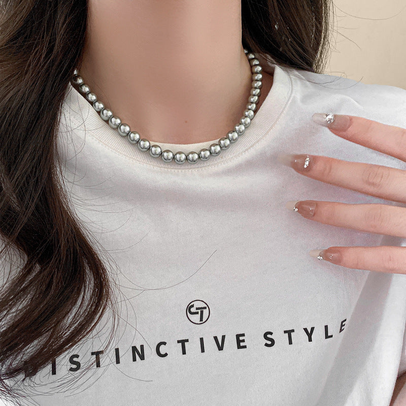 法式復古灰色珍珠項鍊小衆簡約設計感鎖骨鏈氣質輕奢高級感項飾女