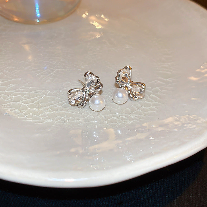 銀針跨境冷淡風銀色鑲鑽鋯石花朵珍珠耳環長款流蘇耳釘高級感耳飾